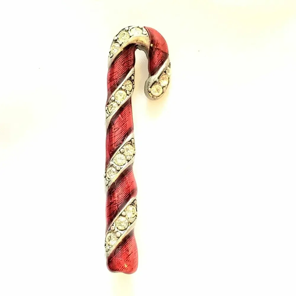 Vintage Red Candy Cane Pin‎ Brooch Enamel Rhinestone Christmas Holiday 2